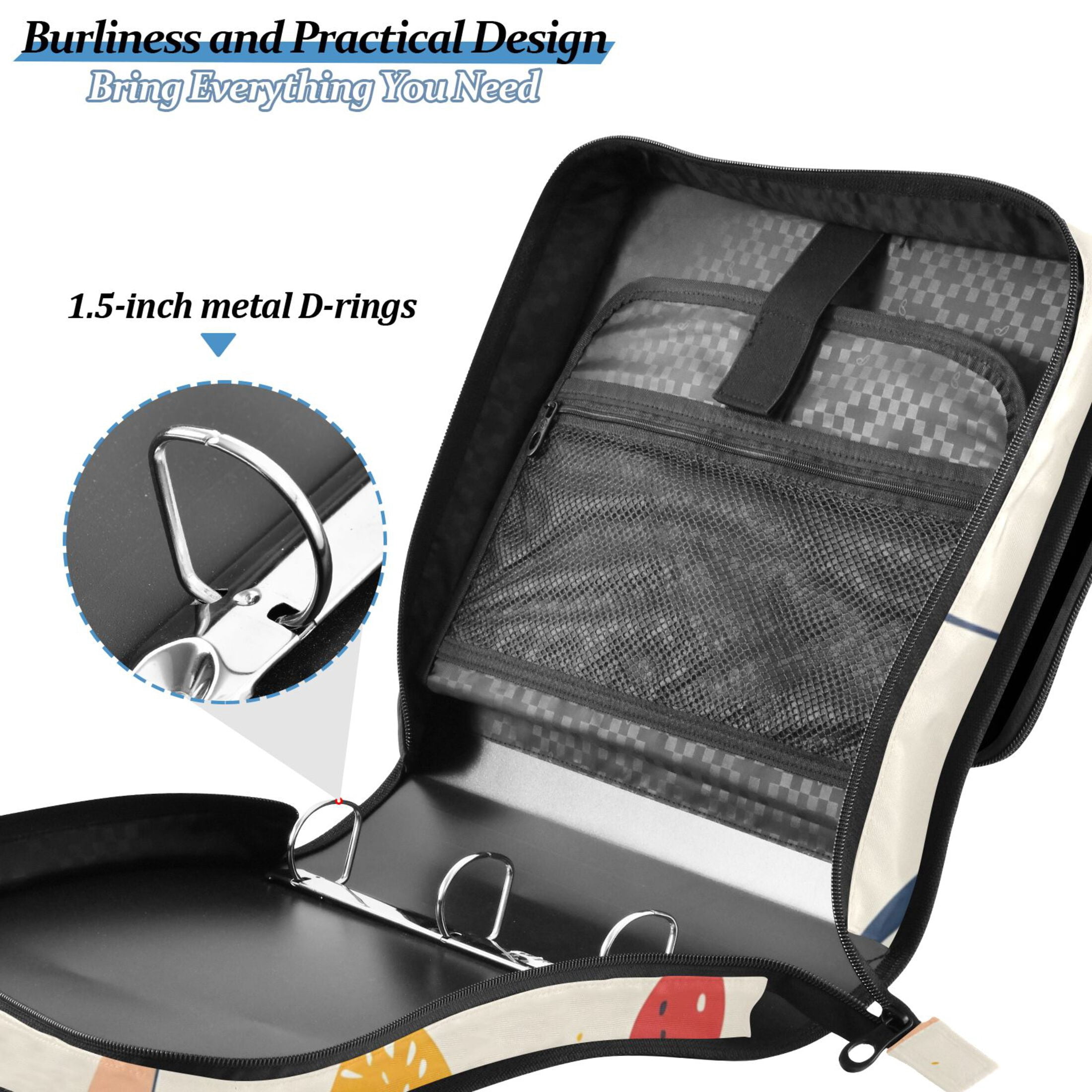 3 Ring Zipper Binder with Shoulder Strap Waterproof Trapper Keeper 2 Inch D-Ring 500 Sheets Capacity Hand Drawn Mushrooms