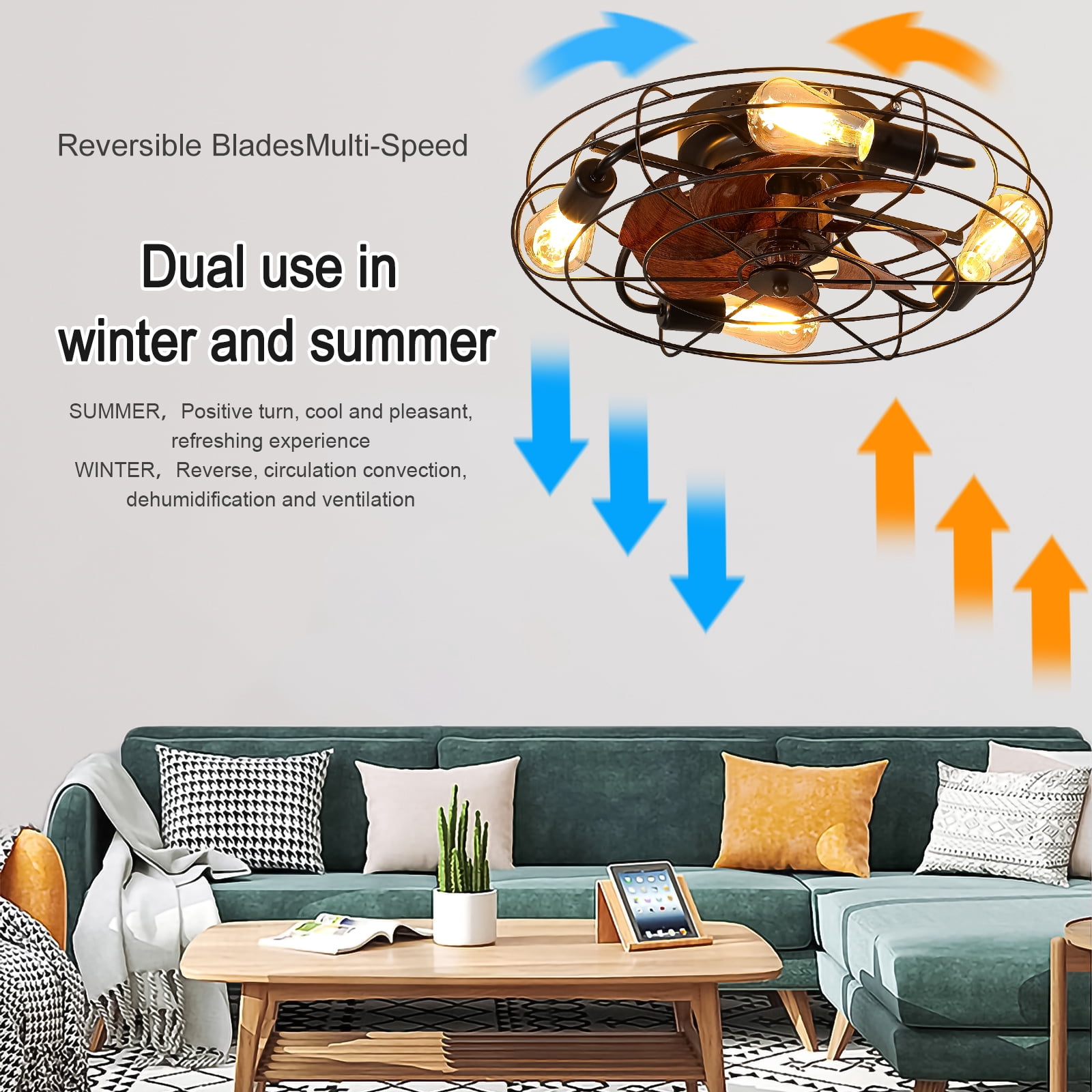 Aukfa 20" Caged Ceiling Fan with Lights and Remote, 6-Speeds Bladeless Enclosed Fan for Bedroom, Kitchen, Farmhouse