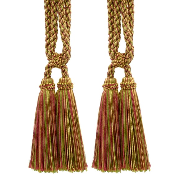 Traditional Cotton Double Tassel Curtain & Drapery Tassel Tieback, Tassel Length 5 1/2" (14cm) Spread 27" (68.5cm) # TBC0552, Fruit Medley Green #P77 (Yellow Green, Light Gold, Pink Red) Set of 2
