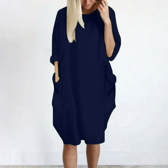 Pntutb Robe pour Femme Grande Taille Robe pour Femmes avec Poches Robe Ample pour Dames Col Décontracté Hauts Longs Robe Grande Taille