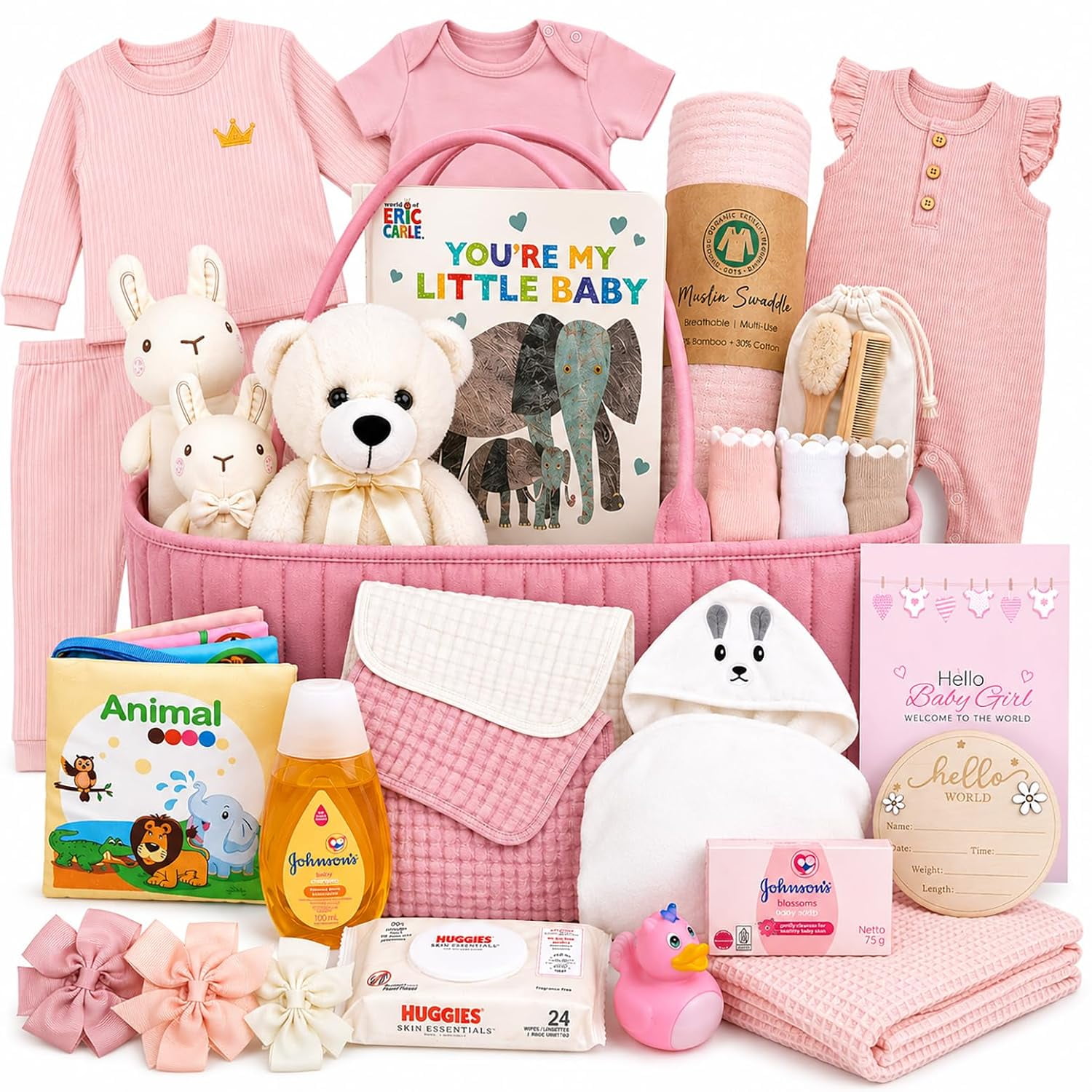 Premium New Baby Girl Gift Basket | Newborn Essentials Care Package in Diaper Caddy Bag Organizer | Plush Toy, Baby Clothes, Bath Set, Keepsakes, Pink & White