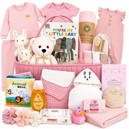 Premium New Baby Girl Gift Basket | Newborn Essentials Care Package in Diaper Caddy Bag Organizer | Plush Toy, Baby Clothes, Bath Set, Keepsakes, Pink & White