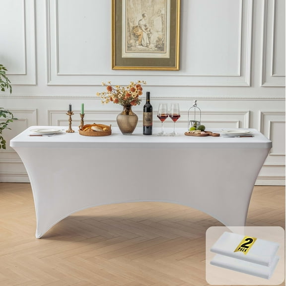 FOLINS&HOME 2 Pack White 6FT Fitted Spandex Tablecloth, Waterproof Wrinkle Free Elastic Table Cover for 6 Foot Rectangle Tables, Stretch Rectangular Table Cloth for Wedding, Banquet, Party (2 Pcs)