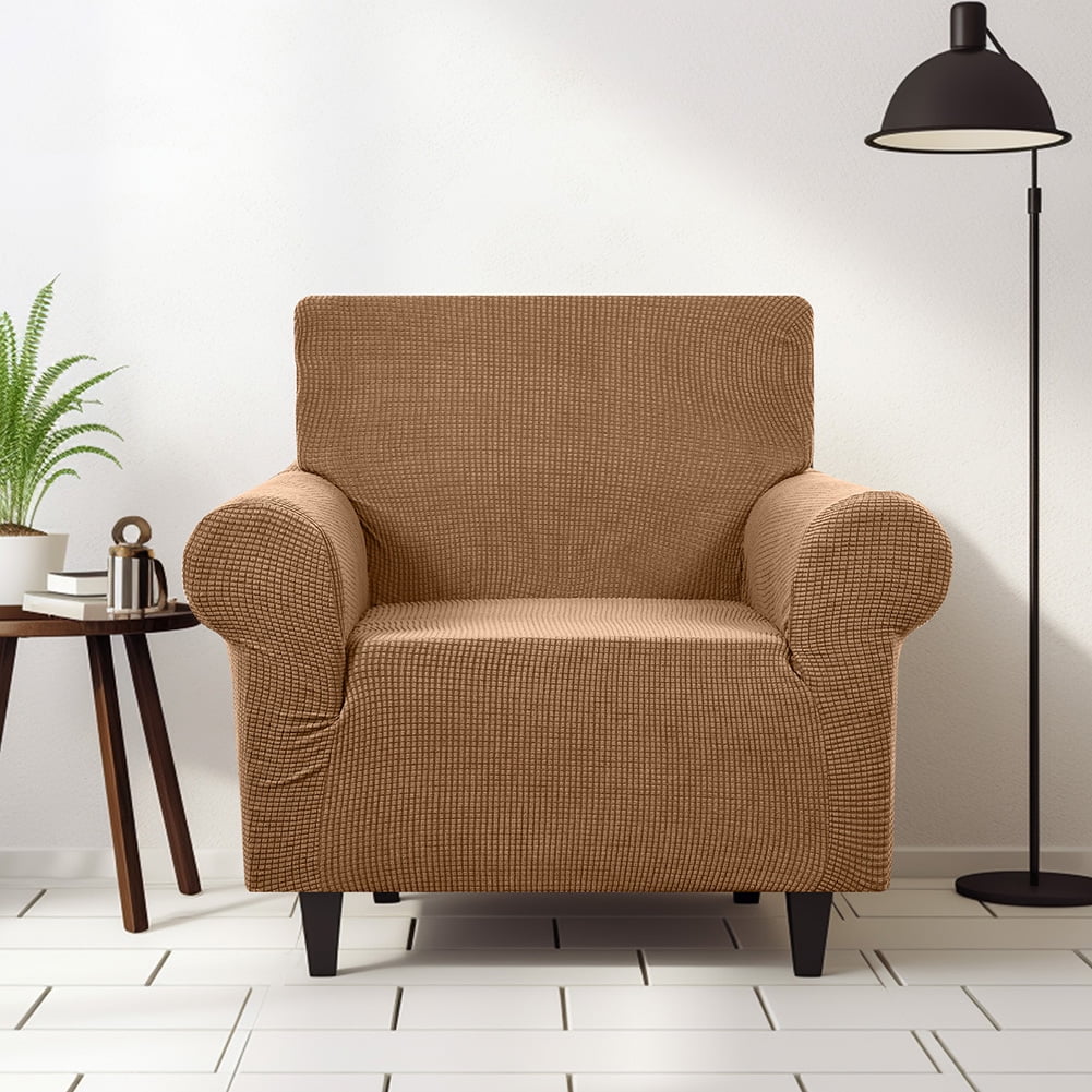 Stretch Sofa Slipcover 1-Piece Sofa Cover Furniture Protector Couch Soft with Elastic Bottom for Kids, Polyester Spandex Jacquard Fabric Small Checks with 1 Pillowcase(3 Seater, Coffee)