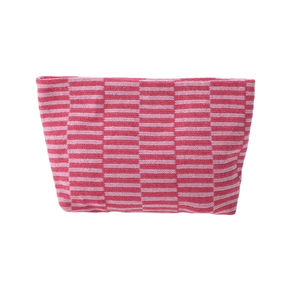 Unique Bargains 1 Pc Knitted Stripes Makeup Bag Rose Red Pink Polyester