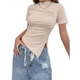 thumbnail image 2 of Y2k Women T Shirt Short Sleeve Crop Top Irregular Tees Skinny Tee Shirts Summer Tops Apricot L, 2 of 9