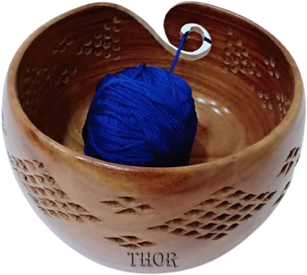 Wood Yarn Storage Bowl with Carved Holes & Drills Knitting Crochet Accessories