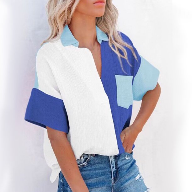 ICHUANYI Clearance Fashion Women Causal Button Patchwork Blouse Short Sleeve T-Shirt Summer Tops(Blue, L) ICHUANYI WER2023080812184