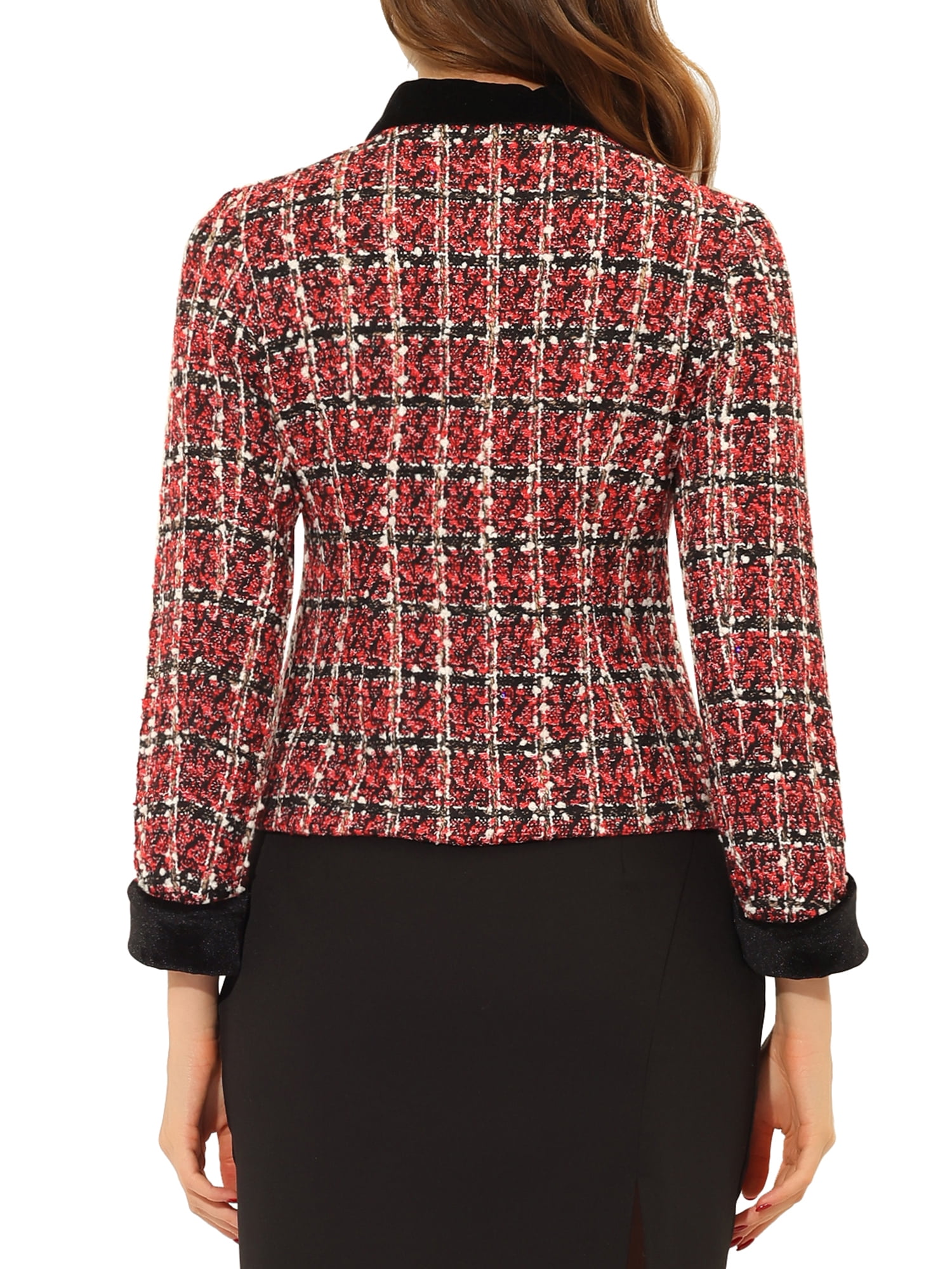 Women's Elegant Velvet Collared Tweed Jacket Blazer L Red - image 3
