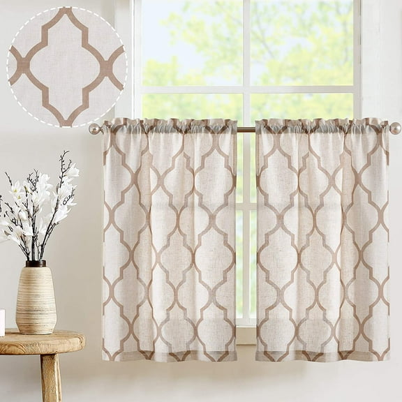 Curtainking Farmhouse Moroccan Tile Print Rod Pocket Semi-Sheer Cafe Curtains, 26" x 36" (2 Panels)