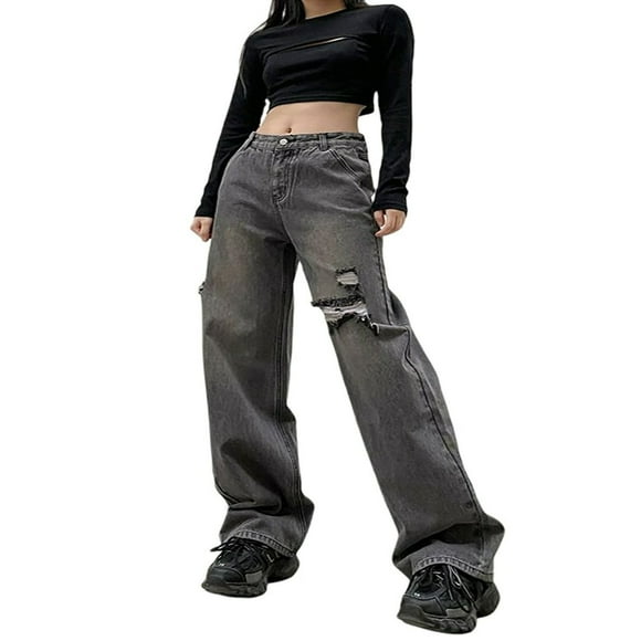 Women Y2K Baggy Hole Ripped Jeans Korean Style High Waist Wide Leg Denim Pants Black XL