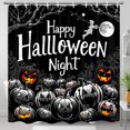 thumbnail image 1 of Whimsical Halloween Shower Curtain - "Happy Halloween Night" with Lanterns & Witch Design, 1 of 4