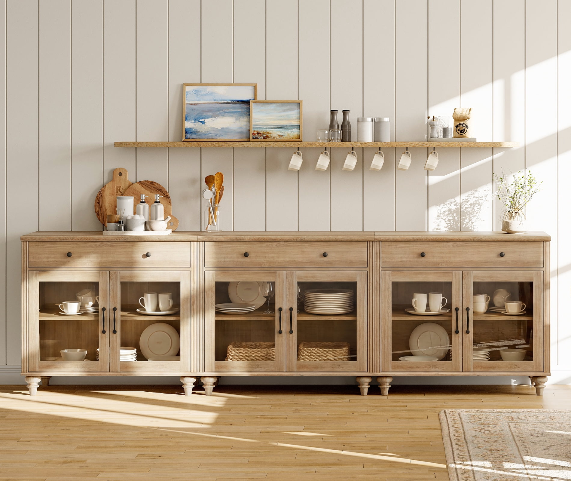 101" Oak Glass Door Buffet Cabinet with Drawer, Farmhouse Sideboard with Storage