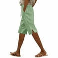 thumbnail image 5 of Pxkloy Womens Linen Capri Pants Petite Summer Beachwear Lightweight Elastic Waist Bermuda Shorts Casual Comfy Knee Length Hiking Pants Green,L, 5 of 6