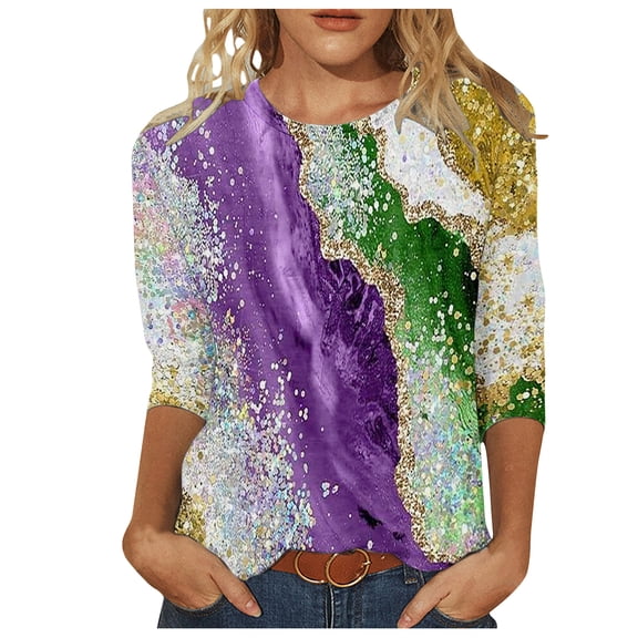 Tbopshirt 3/4 Sleeve Tops for Women,Mardi Gras Clothing,Women Gifts for Hers Casual Shirts Pullover Loose Tunic Tops Print Blouse,Womens Tops