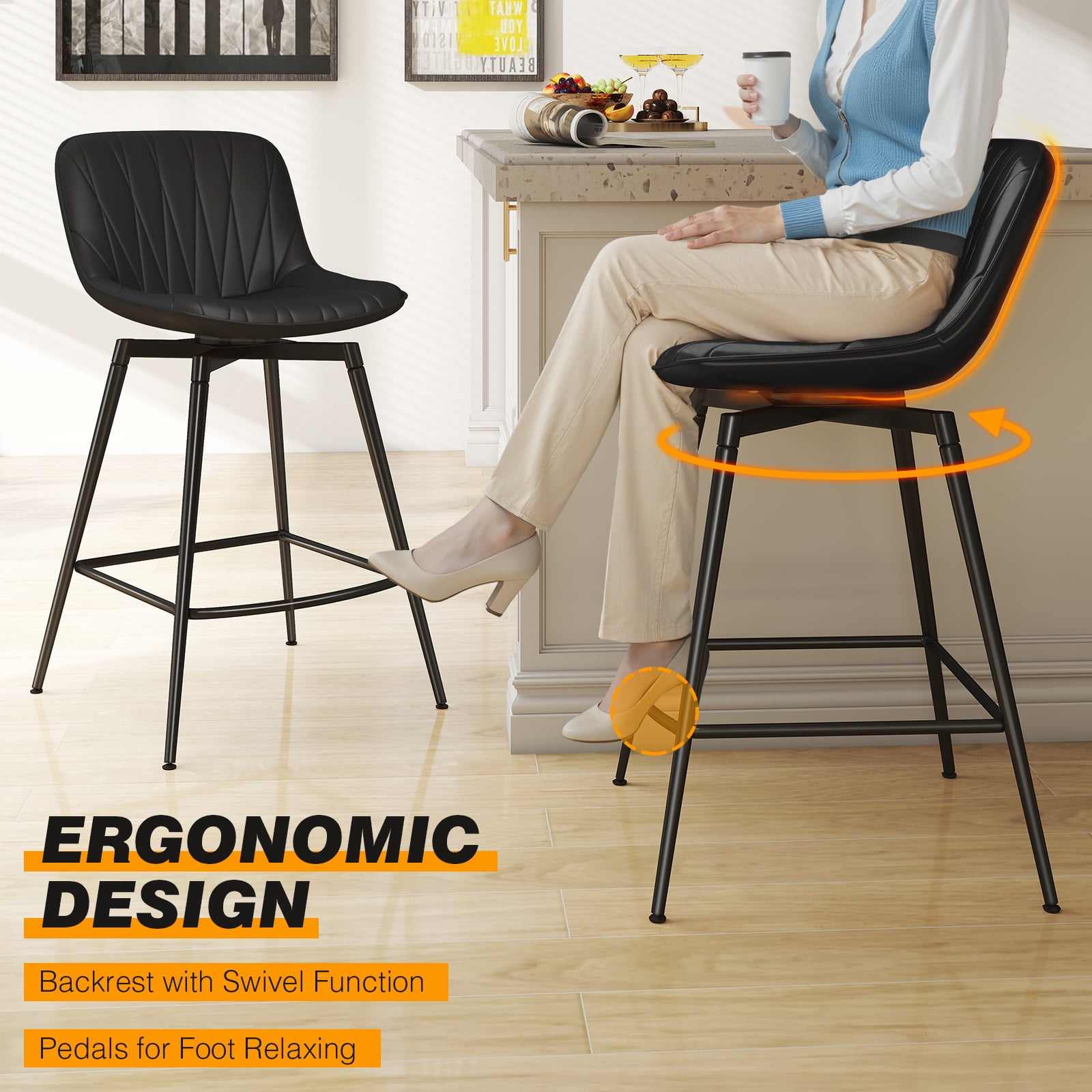 Modern 30" Swivel Bar Stools Set of 2 with Back & Footrest, Upholstered Counter Height Bar Chairs for Kitchen Island, PU Leather in Black