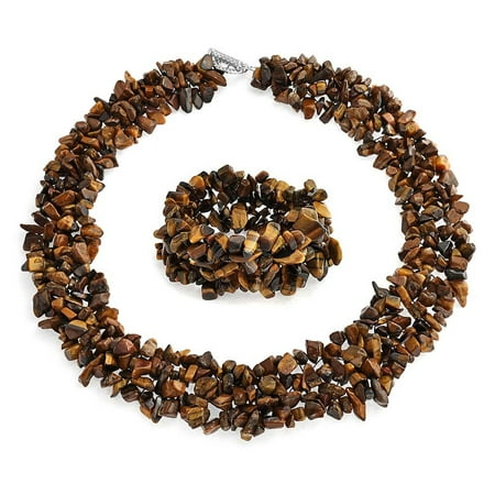 Chunky Tigers Eye - Chunky Brown Tigers Eye Stones Chips Statement Bib Necklace For Women Collar Stretch Bracelet For Women Set 18 inch
