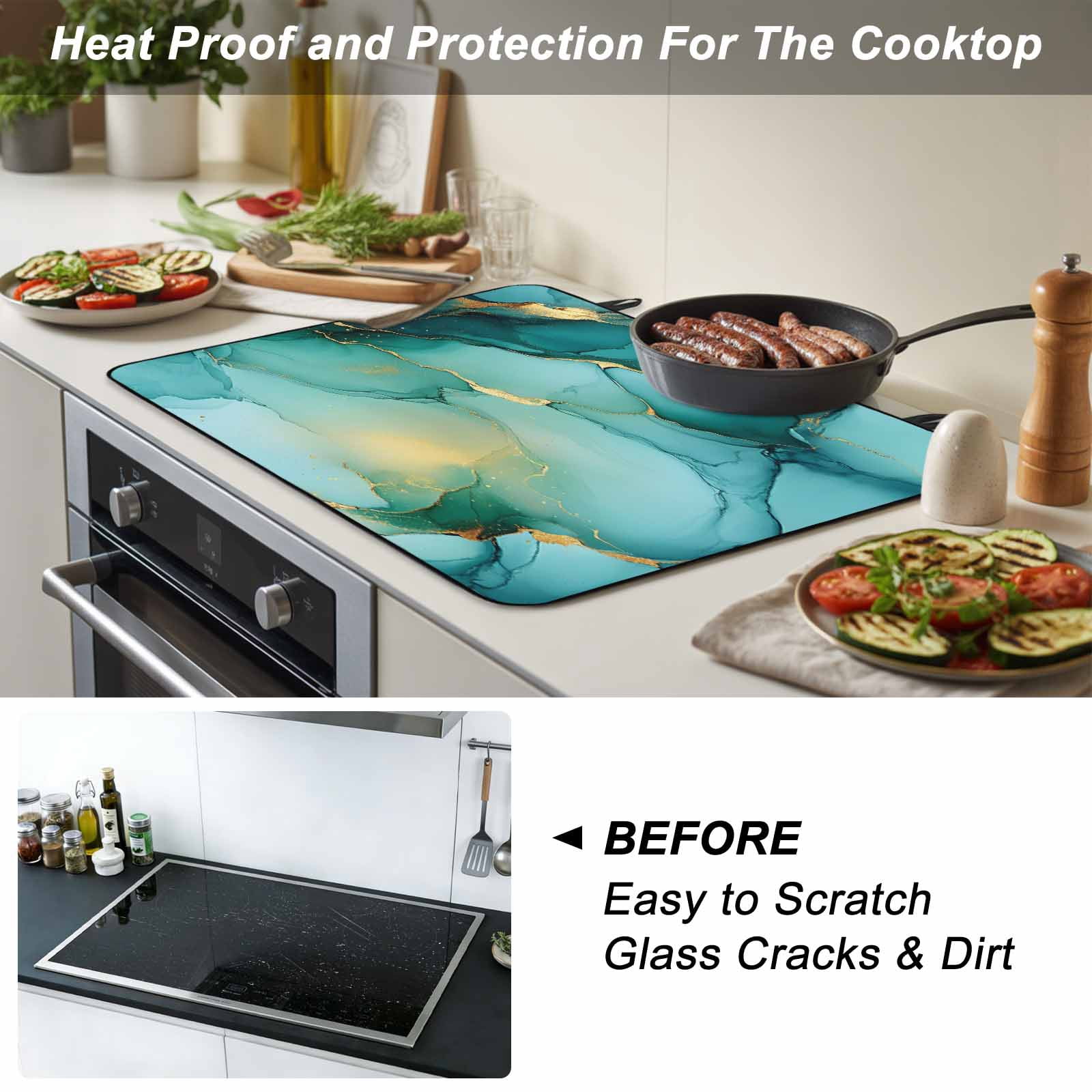 Teal Marble Stove Top Cover for Electric Stove, Heat-proof & Non Slip Glass Top Stove Cover Protector, Abstract Modern Ink Painting Art Kitchen Flat Cooktop Rubber Mat 24x21 Inches