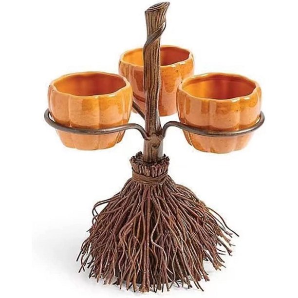 Soporte para cuencos de bocadillos de calabaza de Halloween, Canasta creativa, Soporte para dulces, Cuencos de calabaza de resina en escoba para servir bocadillos, ensaladas, frutas, accesorios para