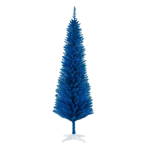6ft Blue Pencil Christmas Tree, Realistic Branches, Plastic Stand - Artificial Holiday Décor