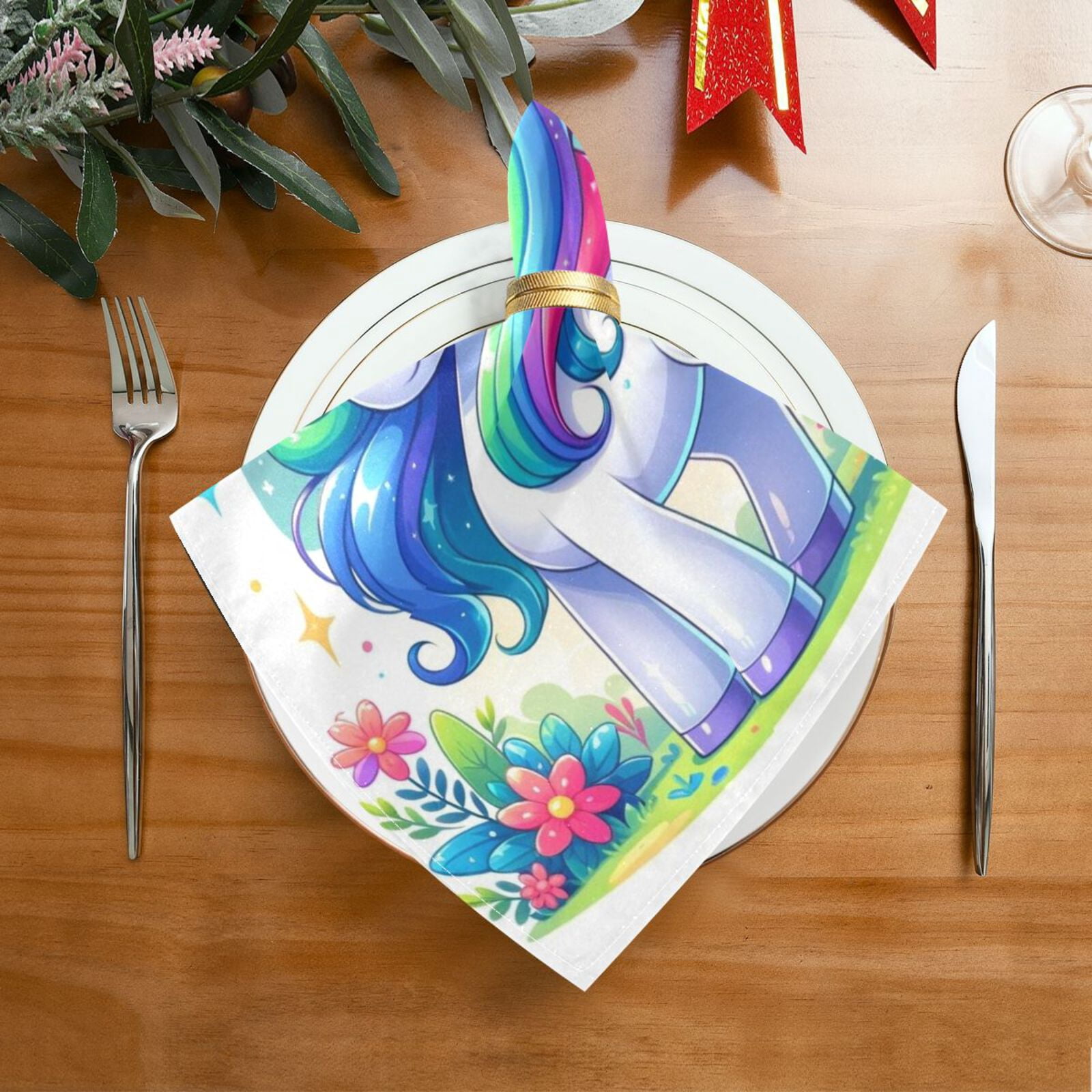 JSTEL Rainbow Unicon Stars Cartoon Cloth Napkins Set of 6, 20x20 Inch Washable and Reusable Napkin for Decoupage Dinner Party Everyday Use