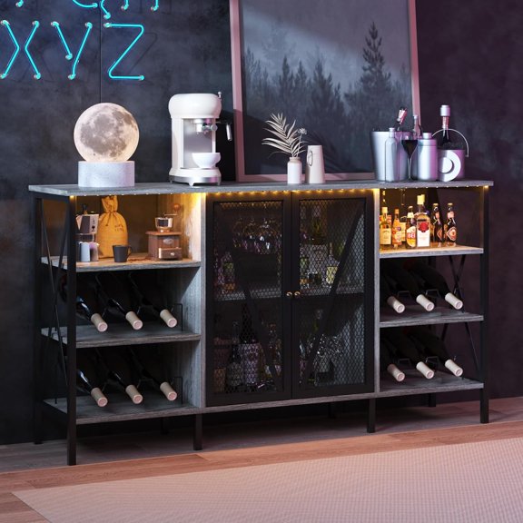 55 Inch Farmhouse Wine Bar Cabinet with Led Light,  with Wine Rack and Glass Holder, Metal Sideboard and Liquor Cabinet with Mesh Door for Living Room