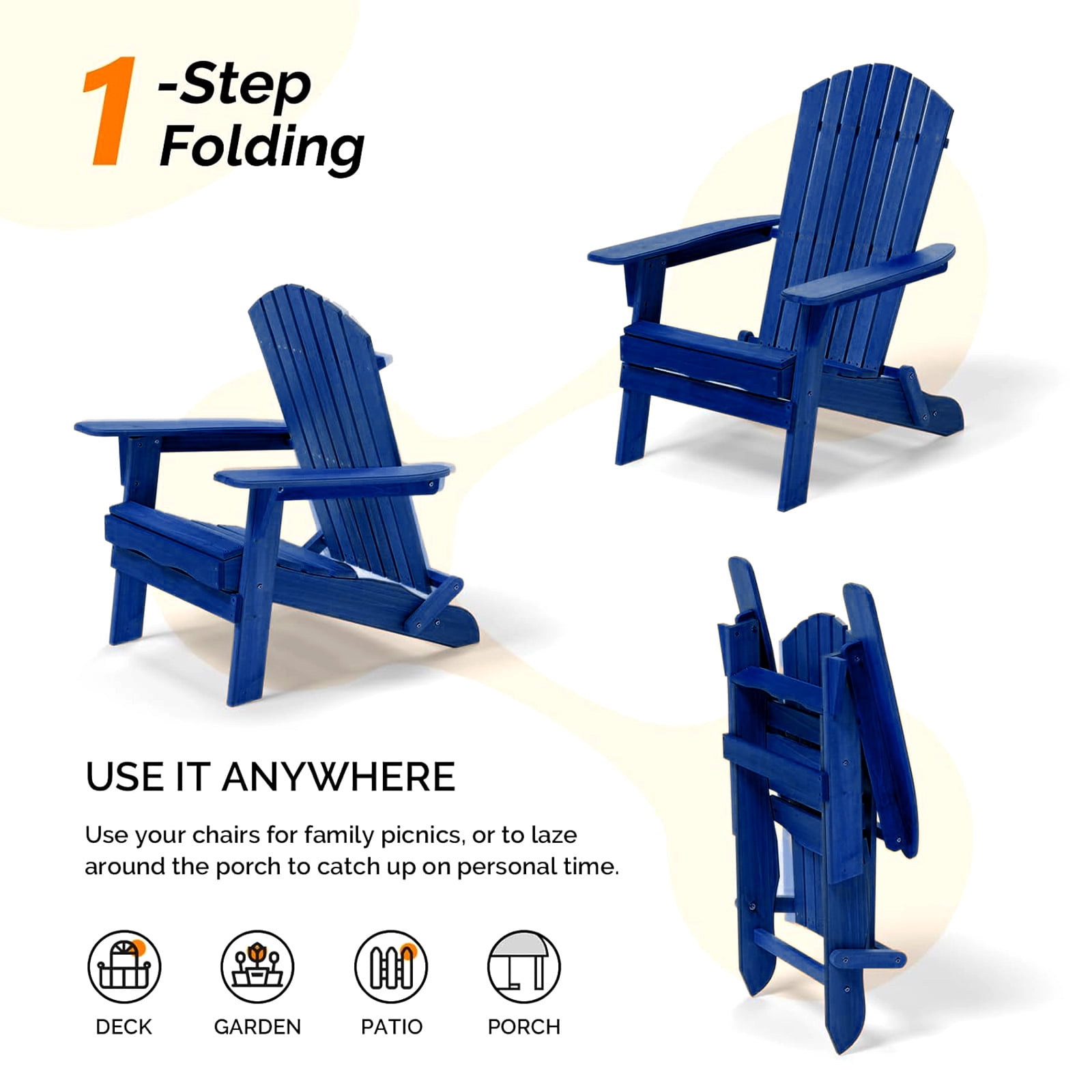 Ktaxon 1 Pack Patio Wood Adirondack Chair, Garden Chaise Chair Outdoor Folding Chair, Wooden Chair for Patio, Garden, Navy Blue