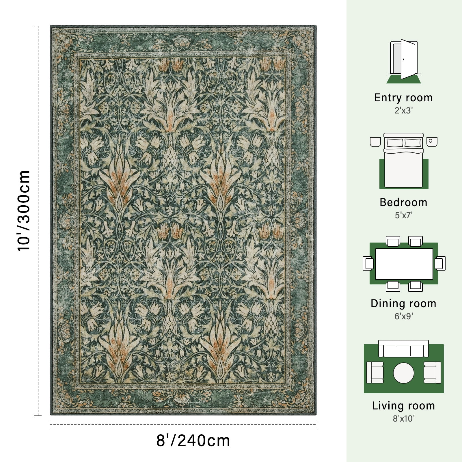 8x10 Area Rugs for Living Room, Washable Area Rugs with Non-Slip Backing, Boho Floral Vintage Carpets Low Pile for Dining Room, Bedroom, Home Office, Indoor, Nursery, Apartment.