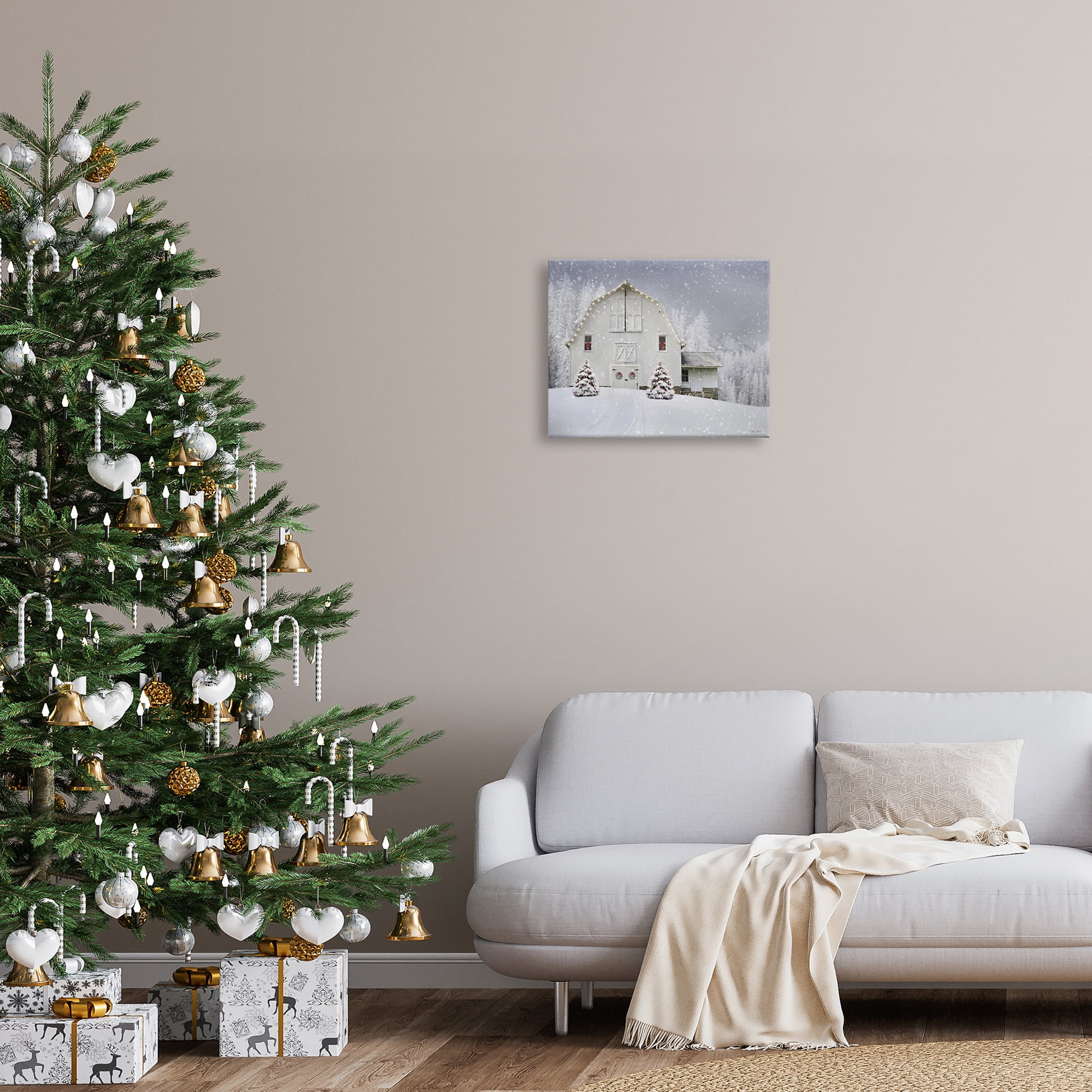 White Winter Snowfield Barn Cozy Christmas Scenery Landscape Painting Gallery-Wrapped Canvas Print Wall Art