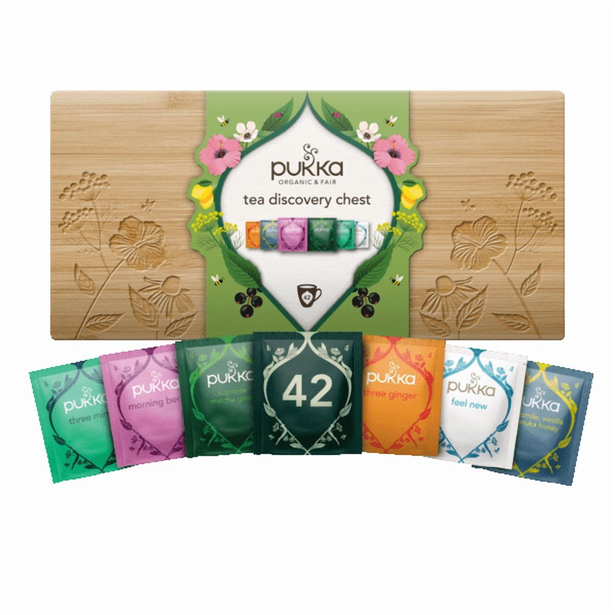 Pukka Herbal Tea Discovery Chest, 2 Gift Packs, 84 Assorted Organic Herbal Tea Bags Total (42 Each), Exquisite Bamboo Box, Premium Gift for Christmas, Birthdays & Celebrations