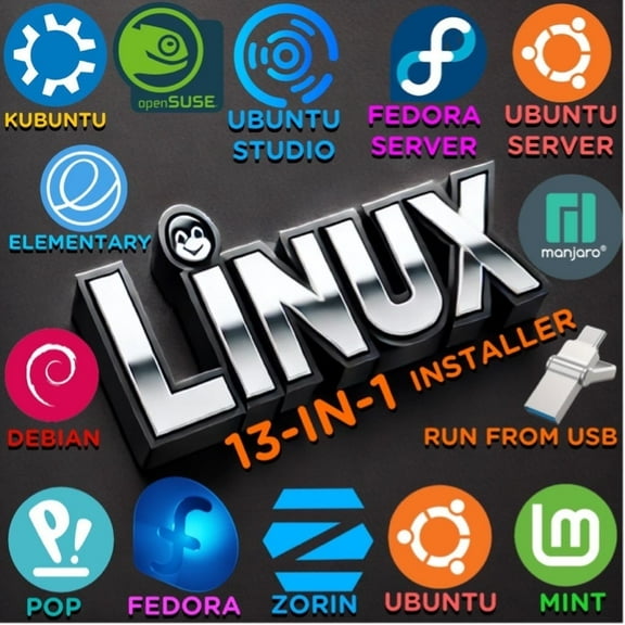 Linux 13-i-1 Multi-Boot USB Installer | Dual USB-A & USB-C For Ubuntu, Ubuntu Studio, Fedora, Mint, etc | Install Linux Software on Windows or Mac