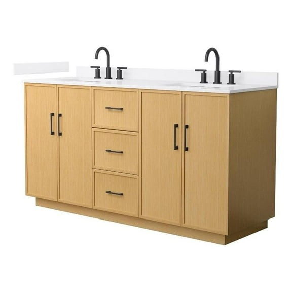 Elan TK 66" Light Oak Double Vanity & White Quartz Top (3-Hole) & Black Trim