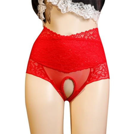 YWDJ Women Brief Panties Lace Lightweight High Waist No Show High Waist Sexy Lace Open Transparent Mesh Panties Briefs Red XL