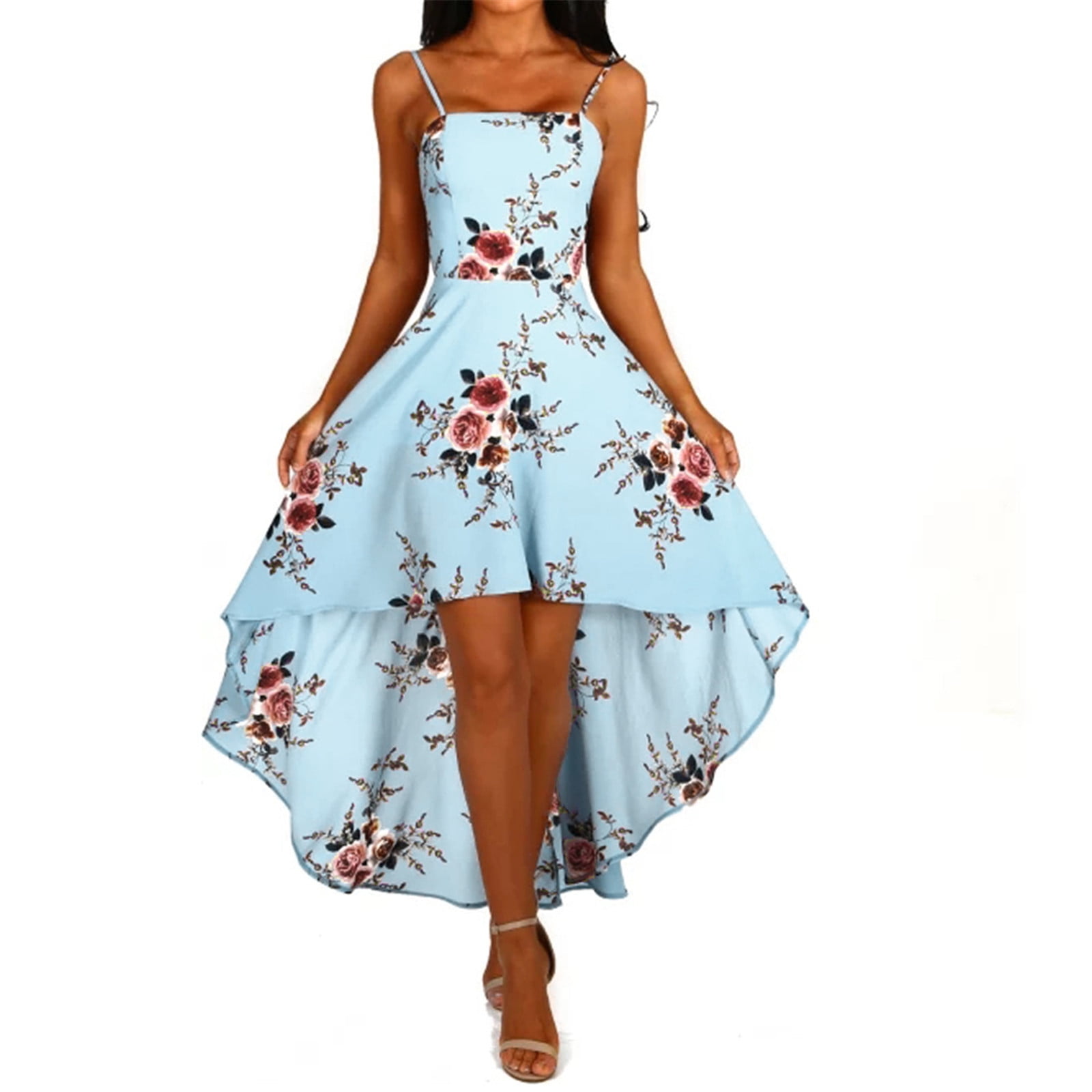 Womens Dresses for Wedding Guest Short Sleeve Boho Holiday Strappy Floral Print Ladies Beach Swing Irregular Tuxed Dress