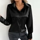 thumbnail image 5 of Top marrón,Blusa de manga larga para mujer, cuello vuelto, botones delanteros, poliéster spandex satinado, plisada, informal, para estar en casa, sopatenor, 5 of 9