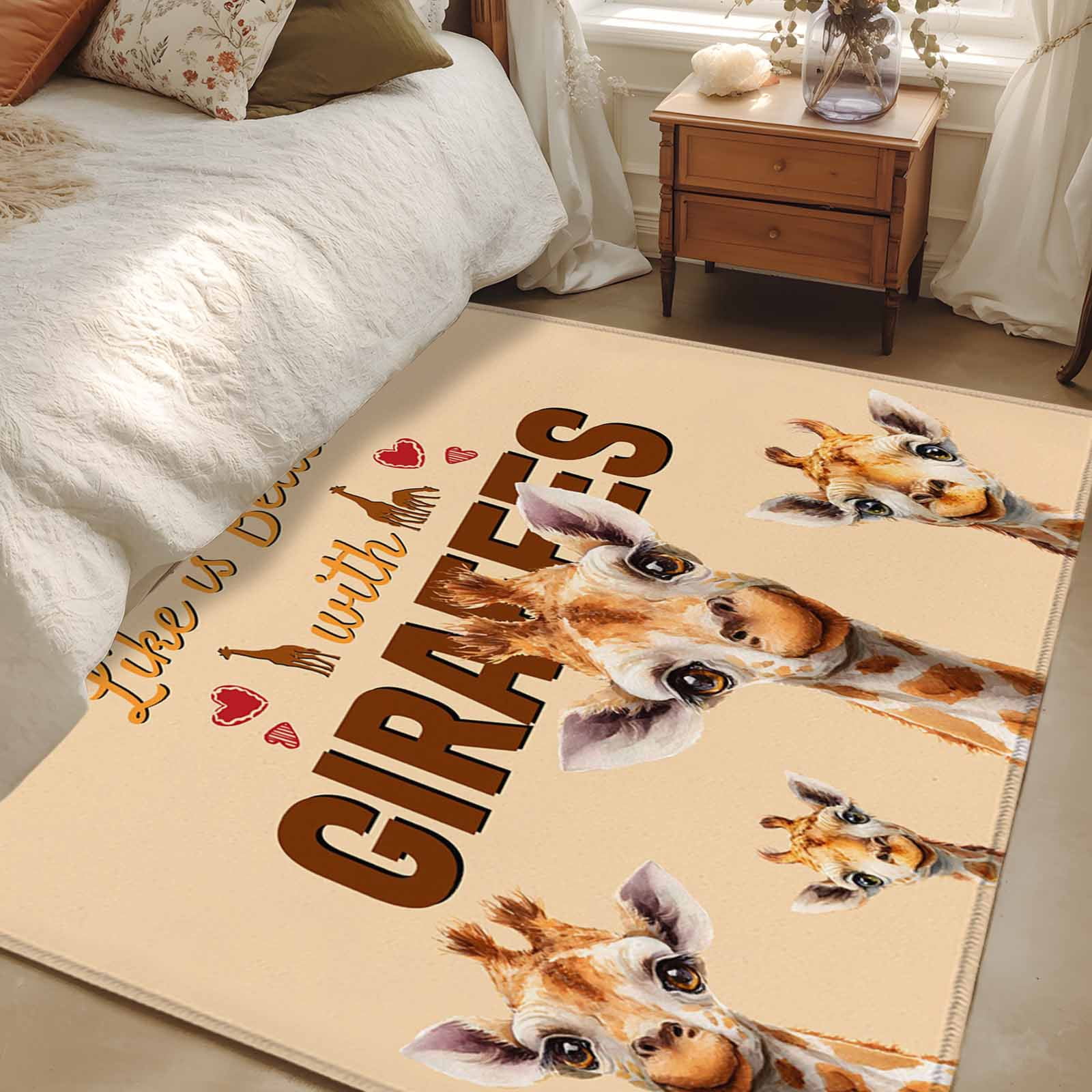 Giraffe Area Rugs 2.7'x5', Washable Small Throw Rugs for Kitchen Bedroom, Red Love Heart Farmhouse Animals Indoor Outdoor Rug Non-Slip Low Pile Carpet Runner Reversible Floor Mats