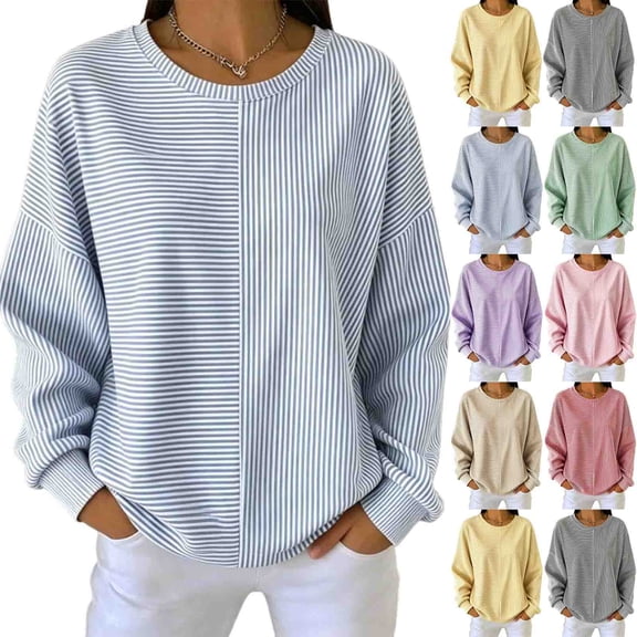 Maplenight Striped Crewneck Sweatshirts for Women Relaxed Fit Pullover Tops Fall Casual Sweatshirts