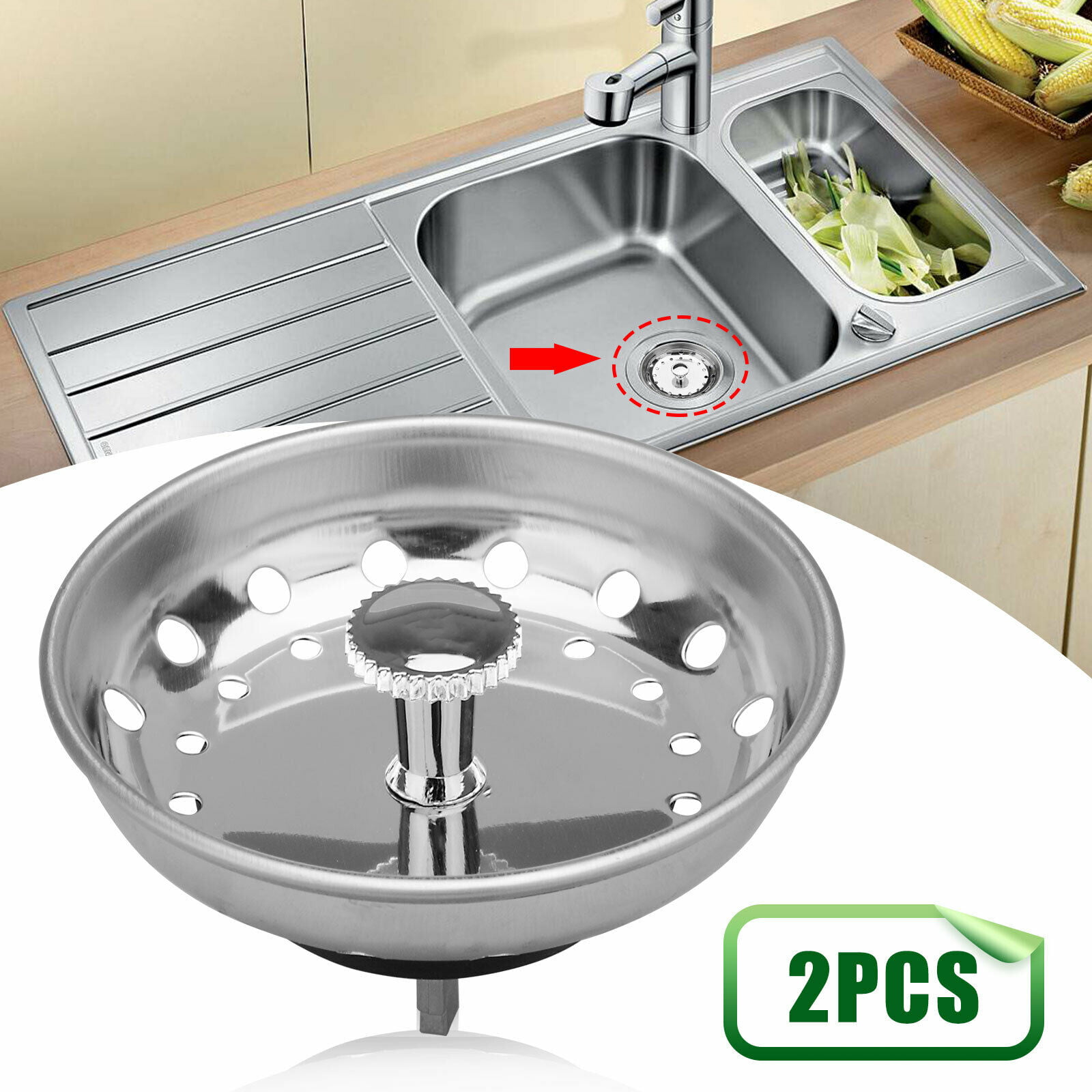 2pcs Stainless Steel Home Kitchen Sink Drain Stopper Basket Strainer Waste Plug