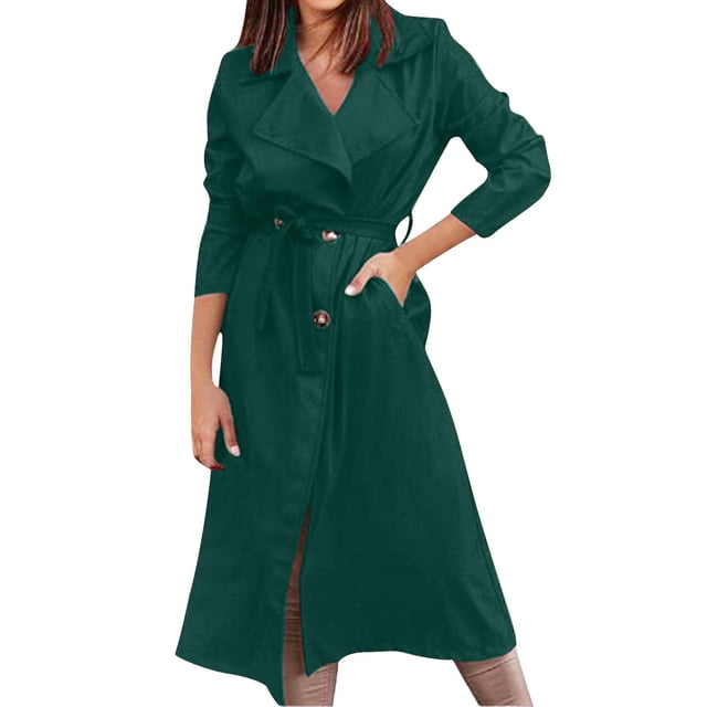 WRKEKC Women's Belted Trench Coat Long Length Button Front Solid Color Fall Casual Office Wear Transitional Layer Plus Size Available Green S