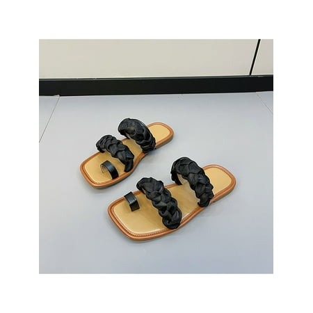 

Lacyhop Womens Slide Sandal Beach Slides Braided Flat Sandals Indoor&Outdoor Casual Shoes Lightweight Slip On Flats Black 6.5
