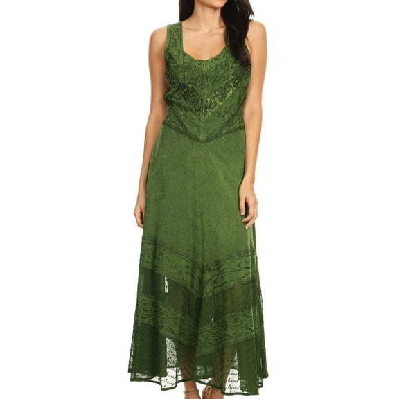 Sakkas Zendaya Stonewashed Rayon Embroidered Floral Vine Sleeveless V-neck Dress - Green - S/M