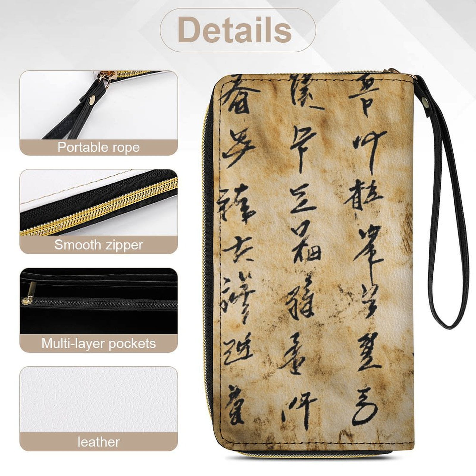 Womens Wallet Bifold Ladies Cluth Bag Wristlet Wrist Strap Long Purse Chinese Word Design