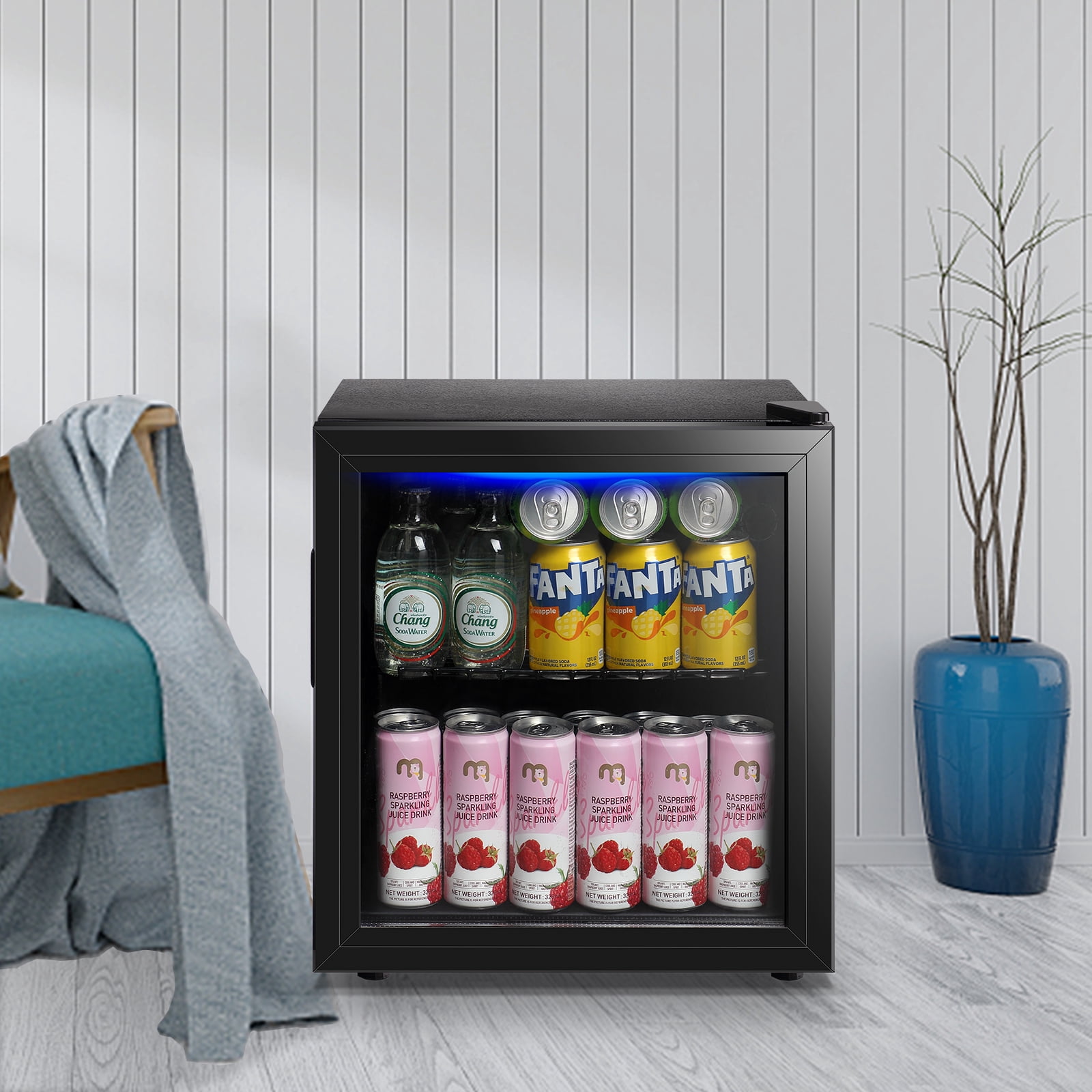 WANAI 1.7 Cu. ft Mini Fridge Beverage Cooler, 60 Cans Drink Fridge Black Glass Door for Beer Soda