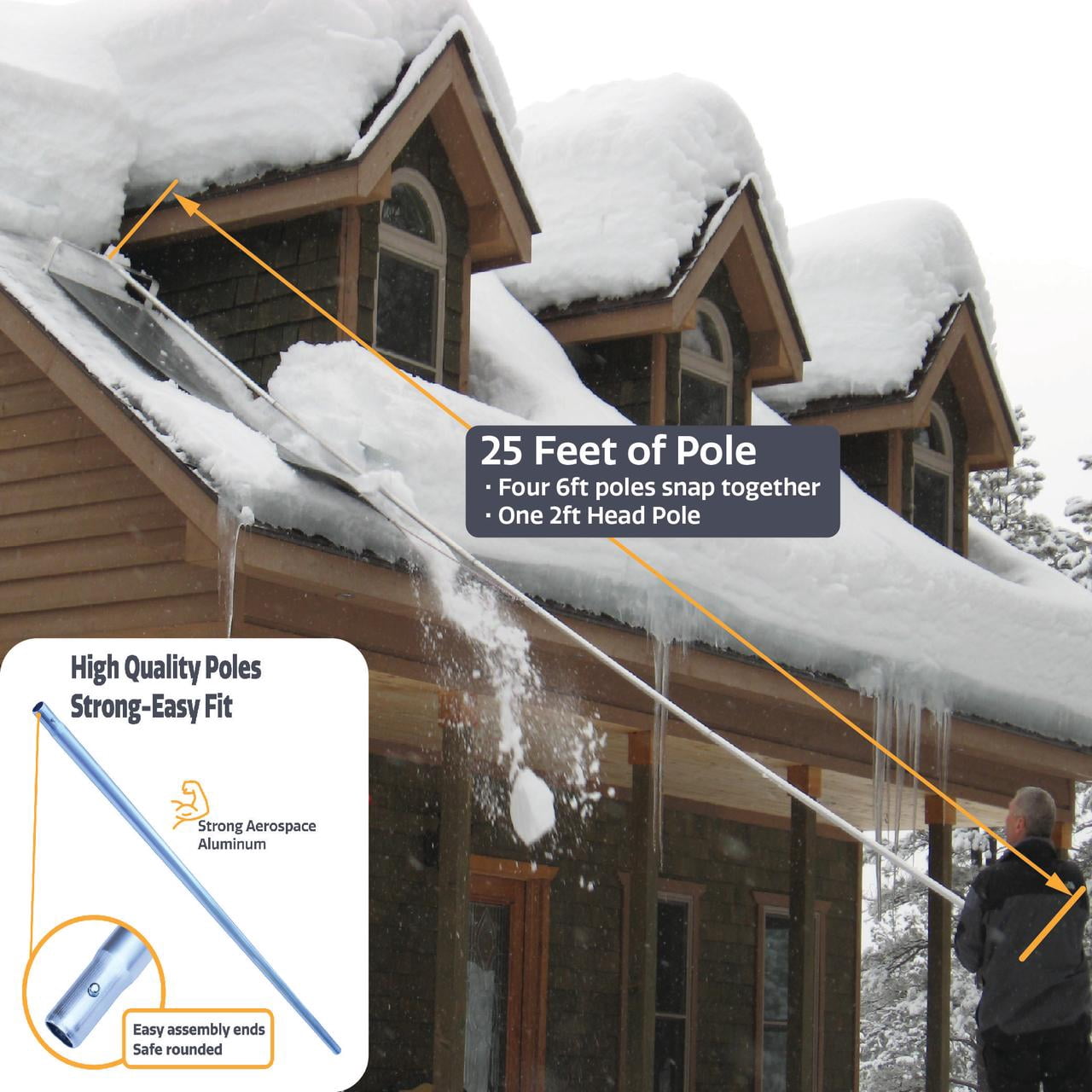 ROOF RAZOR Roof Rake | Heavy-duty-25ft of Pole | Easy | Fast Roof Snow Removal | Safe on Roof Wheels | 10ft Rugged Slide | MinnSNOWta Snow Rake | Roof Shovel | US Customer Support-USA Made