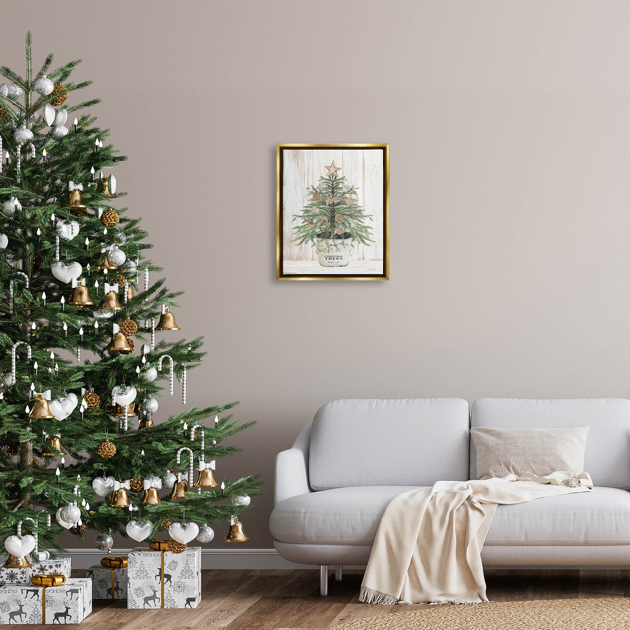 Rustic Seashell Christmas Tree Holiday Graphic Art Metallic Gold Framed Art Print Wall Art