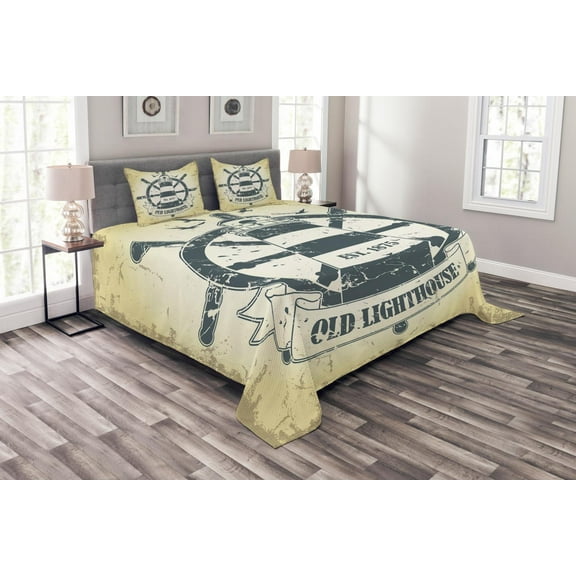 Ambesonne Nautical Quilted Bedspread Set 3 Pcs, Ship Helm Wheel Retro, Queen Size, Grey Yelloe Slate Blue