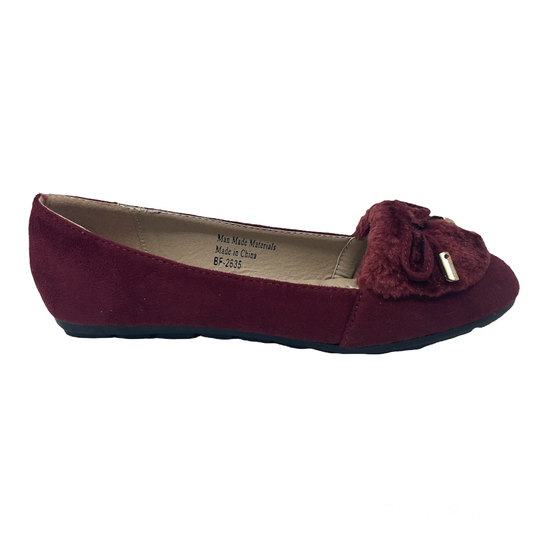 Victoria K Women's Soft Textured Material With Faux Fur Ornament And Gold Tip Bow Ballerina Flats