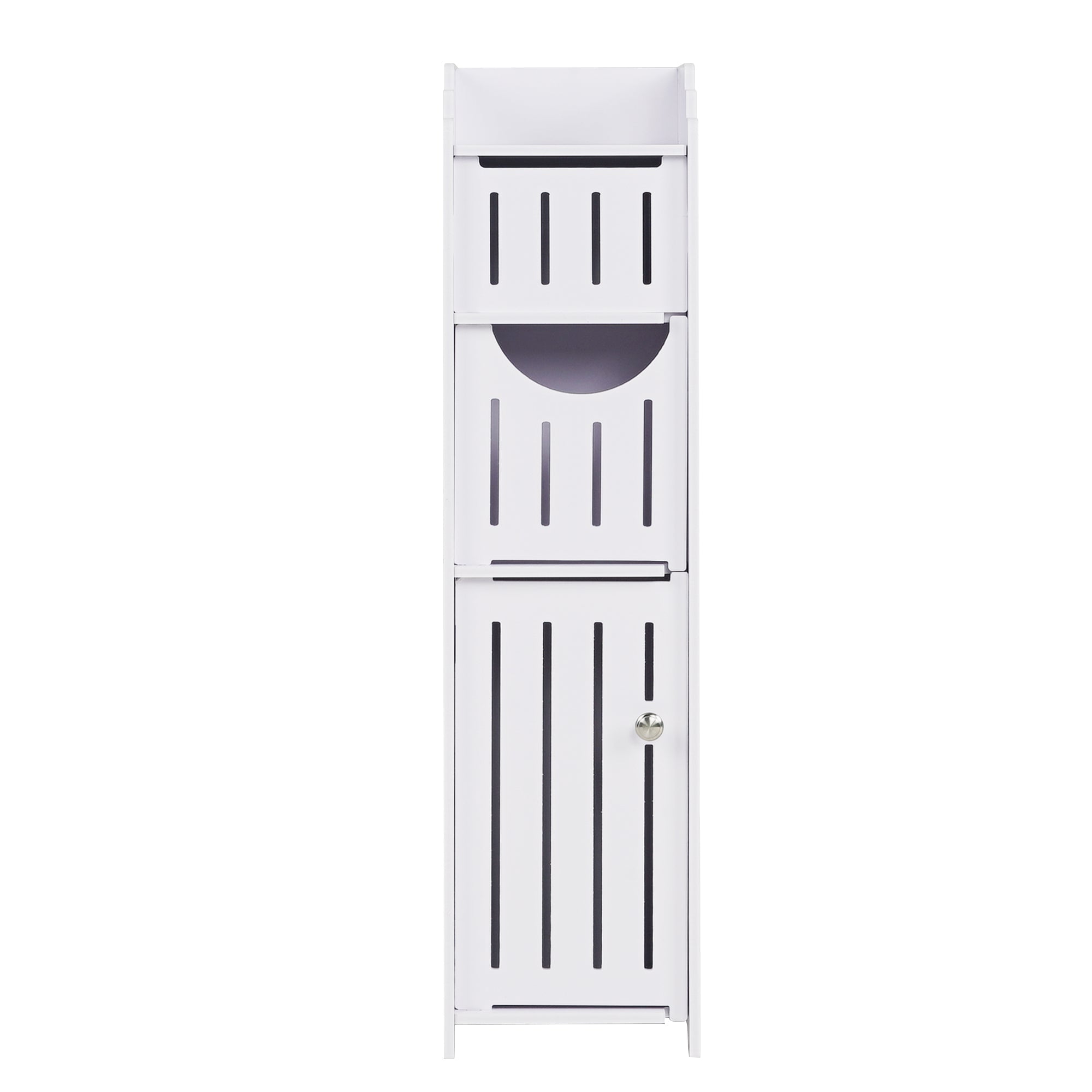 VECELO Small Bathroom Cabinet, Multi-layer Narrow Storage Cabinet with Door and Toilet Paper Holder, Corner Floor Cabinet for Small Spaces, White