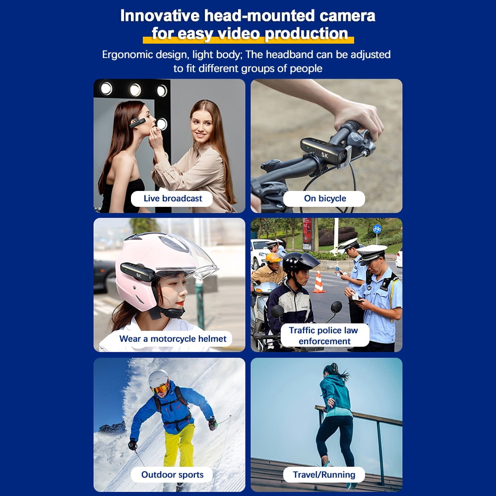 Camera 5K Head Mounted Camera Wearable WiFi Video Camera Camcorder Webcam 30MP Anti-shake IPX5 Waterproof With 120Wide Angle Lens Support APP Control For Vlog Video Recording