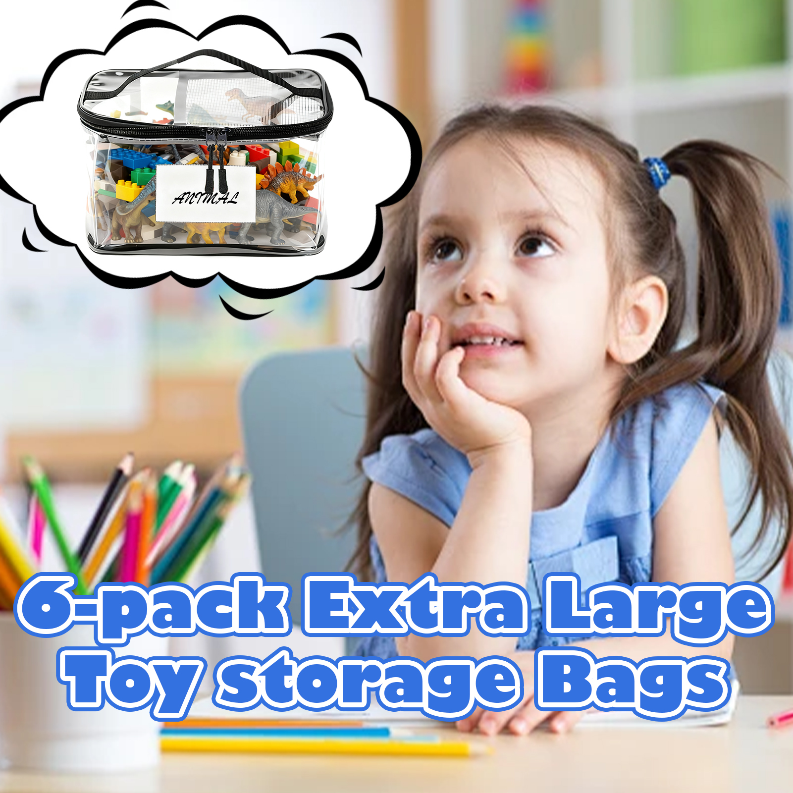 Lumikrypt 6 Pack Clear Toy Storage Bags with Name Tag & Manual Pocket, Waterproof Transparent PVC Toy Organizer Bags with Zipper for Board Games, Building Blocks, Puzzles